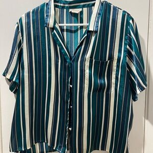 Elegant Teal and White Striped Button Down Shirt